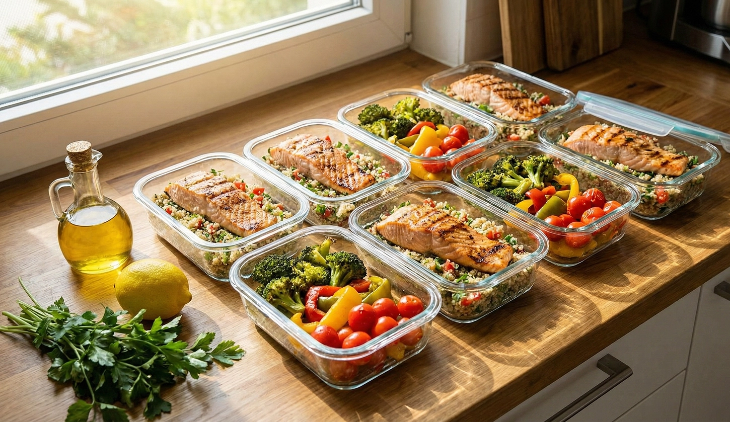 Illustration of heart-healthy meal prep containers